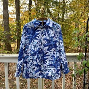 Talbots Blue White Tropical Button Up Blouse
